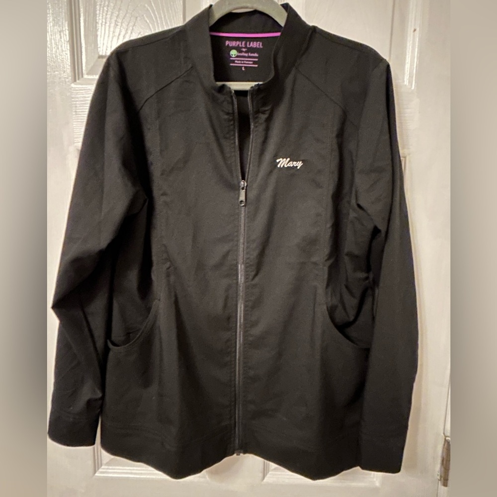 Purple label by healing hands large scrub jacket black monogrammed Mary NWT